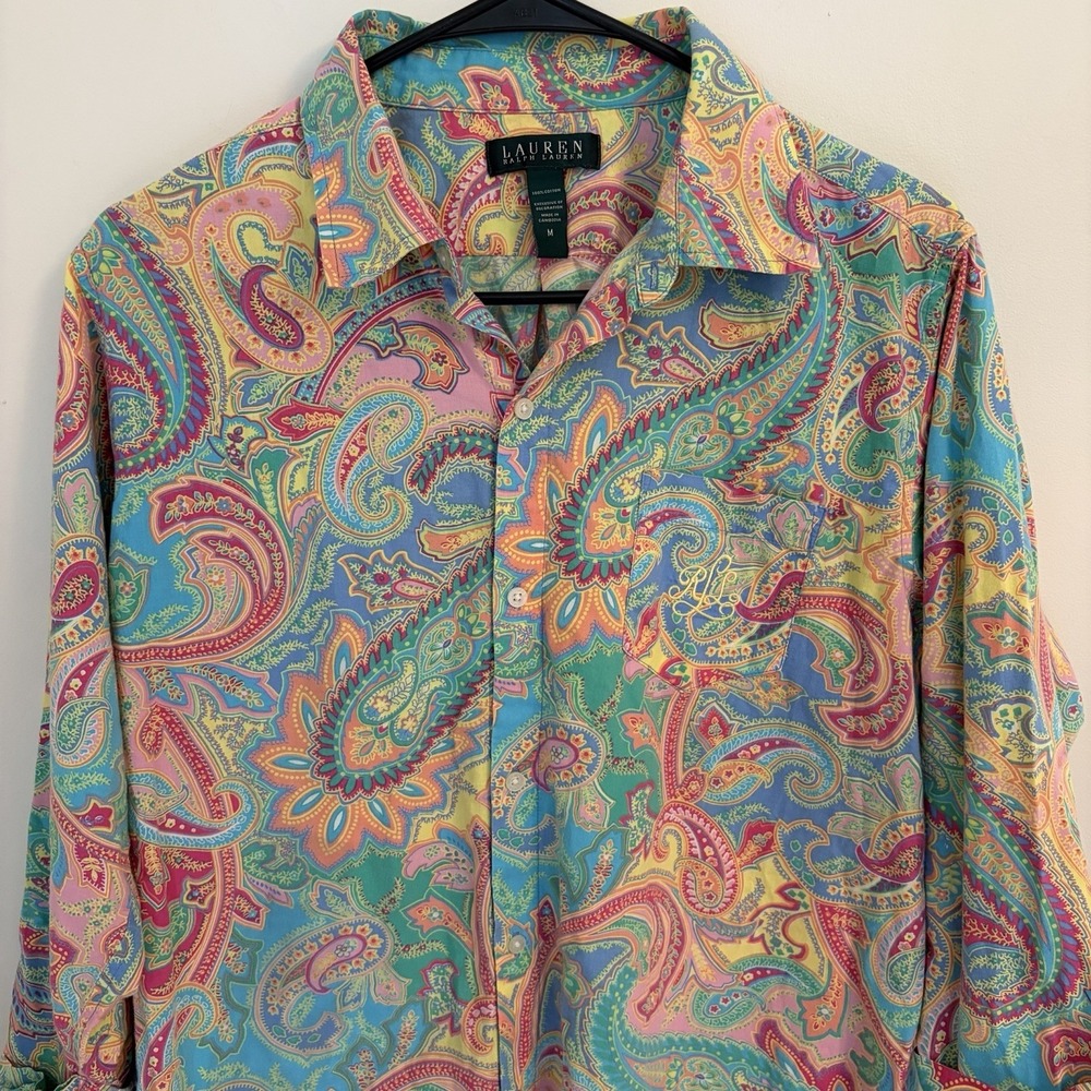Lauren Ralph Lauren Women's Paisley‎ Button Shirt Blouse Teal Pink Yellow Medium